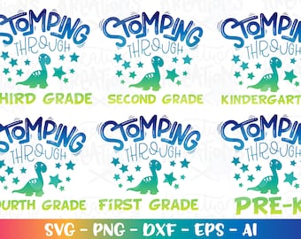 Stomping through Pre-K SVG Kindergarten first second third fourth svg back to school svg dinosaur kids printable iron on cut file png dxf