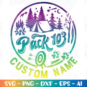 May include: A colorful circular design with a camping theme. It features a tent, trees, a campfire, a target, paw prints, and the text "Pack 103" and "CUSTOM NAME".