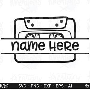 May include: A black and white digital illustration of a cassette tape featuring a horizontal split banner across the center with the text name HERE in a bold, rounded font. The design includes two circular spools and a rectangular frame.