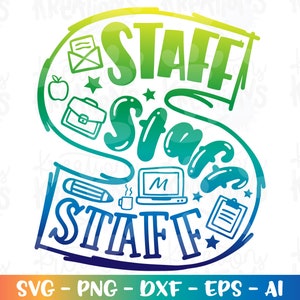 Puede incluir: Un diseño gráfico colorido con la palabra "STAFF" repetida tres veces en un círculo. El diseño incluye varios iconos relacionados con la escuela como un lápiz, una computadora portátil, un maletín, una estrella y una taza de café.
