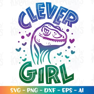 Może przedstawiać: Kolorowe grafiki przedstawiające głowę dinozaura z tekstem "Clever Girl" w tęczowym gradiencie.