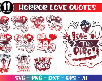 Paquete de Halloween svg 11 Citas de amor divertidas de terror y pesadilla para San Valentín archivo de corte para planchar Cricut Descargar vector png dxf Sublimación