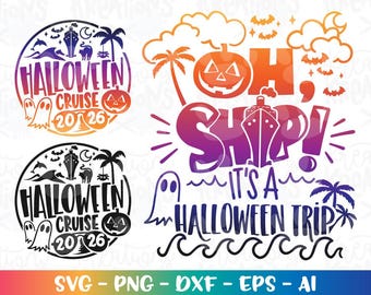 Könnte beinhalten: Halloween-Grafik mit den Texten "Halloween Cruise 2026" und "Oh Ship! It's a Halloween Trip". Das Design umfasst ein Kreuzfahrtschiff, Palmen, einen Kürbis, Geister und Fledermäuse. Das Design ist in einem Farbverlauf von Lila, Orange und Blau gehalten.