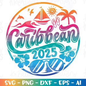 May include: A colourful circular design featuring the text "Caribbean 2025" in a stylised font. The design includes palm trees, flip flops, sunglasses and a sailboat.