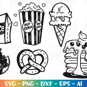 Snack Clipart Bundle svg Gelato Popcorn Pancake Pretzel Scatola di succo Ciambella stirare stampa svg file di taglio silhouette cricut studio svg png dxf