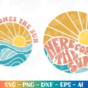Hier komt de zon svg Hallo zomer citaat opstrijkbare print shirt svg gesneden bestand silhouet cricut download vector svg png dxf sublimatie