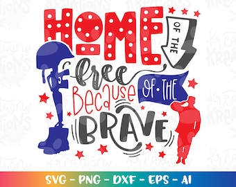 May include: Home of the free because of the brave. A red, white, and blue patriotic design with a soldier saluting and a star-spangled banner.