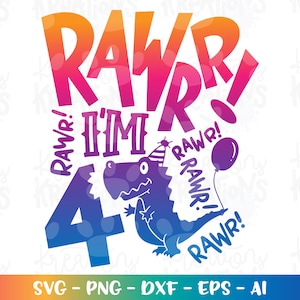 Vier Jahre altes Geburtstags-Svg Dinosaurier-Svg Druckbares Eisen auf Schnittdatei Cricut Silhouete Vektor SVG png dxf