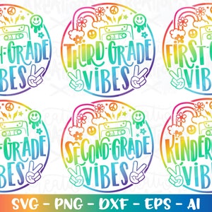 May include: Six colourful rainbow gradient circles with a retro cassette tape, peace sign, and flowers. Each circle has text that reads "First Grade Vibes", "Second Grade Vibes", "Third Grade Vibes", "Fourth Grade Vibes", "Fifth Grade Vibes", and "Kindergarten Vibes".