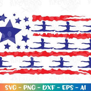 Pode incluir: Um design patriótico com a bandeira americana com estrelas azuis e listras vermelhas. As listras são estilizadas com silhuetas azuis de pessoas fazendo o espacate. A parte inferior da imagem tem o texto "SVG - PNG - DXF - EPS - AI".