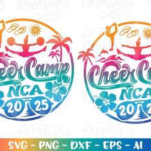 CAMPAMENTO DE PORRISTAS SVG Animadoras Gimnasia Playa Campamento de verano impresión plancha sobre color Archivos de corte Cricut Silhouette Cameo Descargar dxf png Sublimación