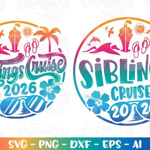 May include: A colorful graphic design for a cruise, featuring the text "Siblings Cruise 2026". The design includes a cruise ship, palm trees, dolphins, sunglasses, and flowers, all within a circular frame.