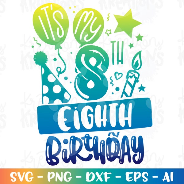 It's my 8th Birthday svg stay Eigth birthday celebration balloons print iron on cut file Cricut Silhouete Download vector dxf Sublimationn