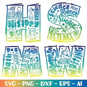 新学期バンドル svg 科学 歴史 数学 ライティング 教師 プリント カラー アイロン カット ファイル シルエット クリカット ダウンロード 昇華