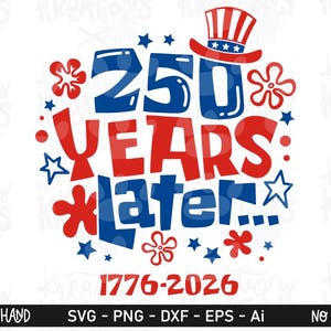 May include: A graphic design featuring the text 250 YEARS LATER in bold blue and red lettering. Above the text is a red, white, and blue top hat. The design includes red flower shapes, blue stars, and the red text 1776-2026 at the bottom.
