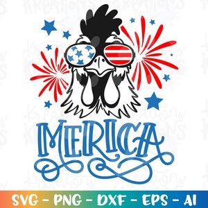 May include: A patriotic design featuring a rooster wearing sunglasses with star and stripe patterns. Red and blue fireworks and stars surround the rooster, with the word "MERICA" in blue script below. The design is suitable for various products.