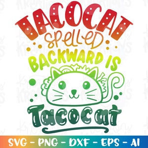 May include: A colorful graphic design with the text "BACOCAI spelled backward is Tacocat". The text is in a rainbow gradient with a cartoon cat in the middle.