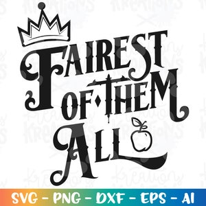 May include: Black and white graphic design with a crown, apple, and the text "Fairest of them all".