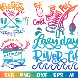 Vida no rio, vida no lago, SVG, caiaque, pesca, bebida gelada, álcool, desenho à mão, estampa, decalque, arquivo de corte para transferência térmica, Silhouette, Cricut, download digital, PNG, DXF