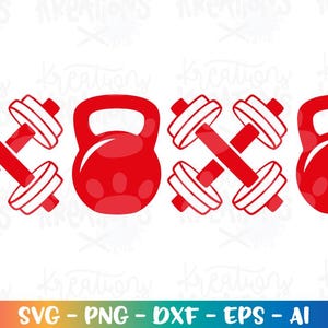 May include: Red dumbbell and kettlebell graphics. Two sets of crossed dumbbells and two kettlebells are displayed. The image also includes the text "SVG - PNG - DXF - EPS - AI" in a colorful gradient.