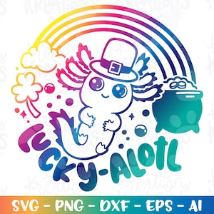 May include: A rainbow-colored illustration of an axolotl wearing a green leprechaun hat and holding a pot of gold. The text "Lucky-Alotl" is written in a rainbow font.