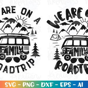 May include: Black and white graphic design of a vintage van with the text "We are on a family road trip" and mountain scenery.
