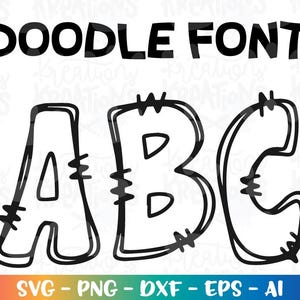 Puede incluir: Diseño de fuente de garabatos en blanco y negro con el texto "DOODLE FONT" encima de las letras "ABC". Las letras están delineadas con un trazo negro grueso y tienen detalles decorativos. La parte inferior de la imagen incluye opciones de tipo de archivo.