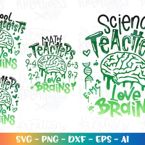 Puede incluir: Cuatro diseños verdes y negros con el texto "School Psychologists", "Math Teachers", "Science Teachers" y "Teachers" con un gráfico de cerebro y el texto "Love Brains".