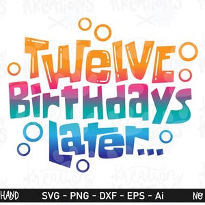 May include: A digital graphic design featuring the text TWELVE BIRTHDAYS LATER in a bold, stylized font. The letters transition from orange at the top to pink, teal, and deep blue at the bottom, accented by several small, empty circles.