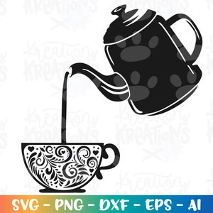 May include: Black and white silhouette of a teapot pouring tea into a patterned teacup. The teapot has a rounded body and a spout. The teacup has a floral design.