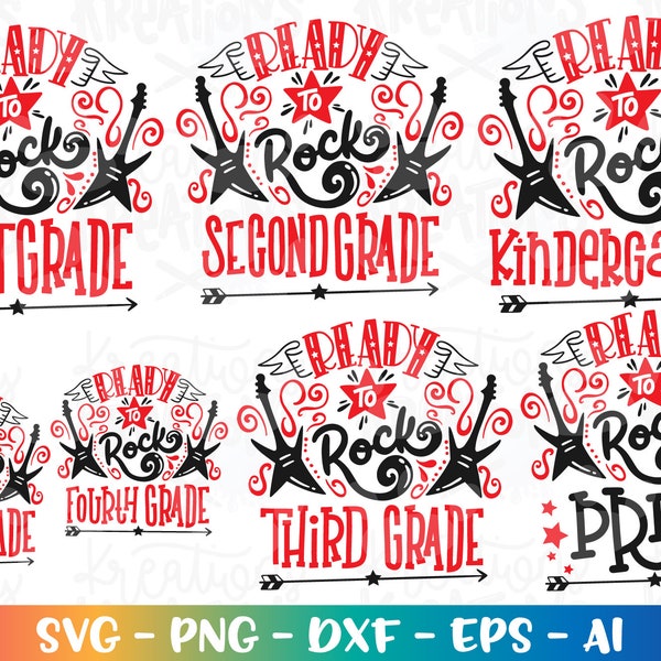 Back to SCHOOL bundle svg Ready to ROCK First grade star electric guitar pre-k kindergarten kids print iron on cut file download vector png