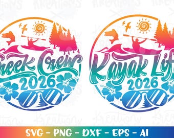 May include: Circular graphic with the text "Creek Crew 2026" and "Kayak Life 2026". The design features a kayaker, sunglasses, hibiscus flowers, and a sun. The color scheme includes shades of blue, pink, orange, and green.