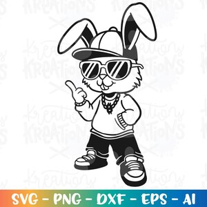 May include: A black and white illustration of a cartoon bunny wearing sunglasses, a baseball cap, and a chain. The bunny is pointing with its right hand and has a cool expression on its face.