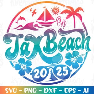 Jax Beach svg Sommer Strand Emblem 2025 Florida Jacksonville Druck Eisen auf Farbschnittdatei Silhouette Cricut Kamee Download Vektor png