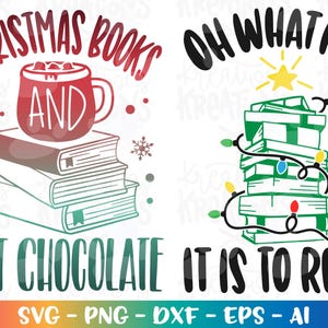 C'est amusant de lire des livres SVG, des lumières de sapin de Noël, du chocolat chaud, une impression amusante au fer sur fichier de coupe Cricut Silhouette Télécharger la sublimation