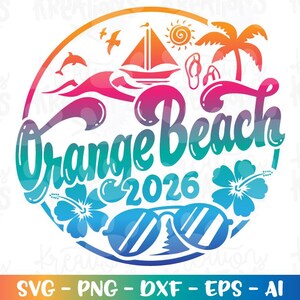 Puede incluir: Un gráfico colorido para Orange Beach 2026, con un velero, delfines, palmera y gafas de sol. El diseño es circular, con el texto "Orange Beach 2026" en degradado. Las opciones de tipo de archivo se encuentran en la parte inferior.