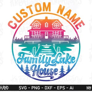 May include: A circular graphic design featuring a gradient colour scheme from orange to blue. It depicts a house by a lake with a dock, surrounded by pine trees. The text reads CUSTOM NAME at the top and Family Lake House at the bottom.