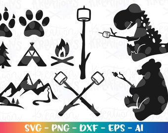 Camping Elements svg  Campfire bear mountains tent Marshamllow Dinosmore print decal cut file silhouette cricut studio  download svg png dxf