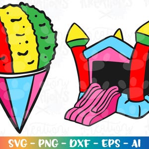 May include: A colorful cartoon illustration of a snow cone and a bouncy house. The snow cone is red, yellow, and green with a blue and pink cone. The bouncy house is red, yellow, blue, and pink with a slide.