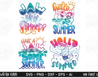 Sommer Hai Bundle SVG Hallo Sommer Hai Surf Pool Kids Zitate Strand Druck Eisen auf Schnittdatei Cricut Silhouette Download vektor png dxf