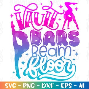 Puede incluir: Un diseño gráfico colorido con el texto "Vault Bars Beam Floor" en un degradado de rosa, azul y morado. El diseño presenta la silueta de una gimnasta realizando un salto mortal hacia atrás.