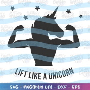 May include: A black silhouette of a unicorn with a horn and a muscular body, flexing its biceps. The unicorn is standing on a blue and white striped background. The text "LIFT LIKE A UNICORN" is written below the unicorn.