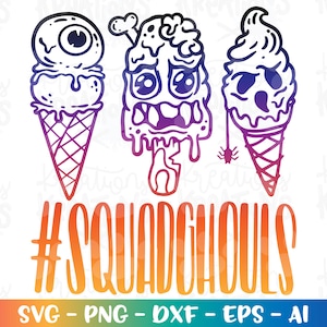 May include: A digital design featuring three ice cream cones with spooky faces. The cones are outlined in black and filled with a gradient of purple, blue, and orange. The text "#SQUADCHOULS" is written in a bold, orange font below the cones.