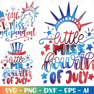 Pequena Srta. Sr. 4 de Julho Estátua da Liberdade SVG Independente Patriótica Arquivos de Corte para Impressão Silhueta Cricut Download PNG DXF Sublimação