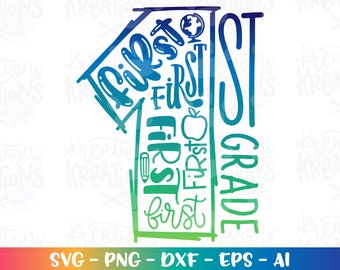 Back to school svg First grade svg hand lettered hand drawn color kids girl boy print iron on cut file instant download vector eps png dxf