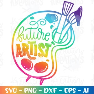 May include: A colorful illustration featuring a painter's palette with the words "future ARTIST" in a rainbow gradient. Paintbrushes and paint splotches are also included in the design. The image is suitable for art-related projects.