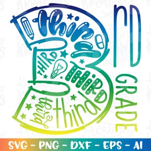 May include: A colorful graphic for third grade, featuring a large number 3 filled with school-themed illustrations and the words "third grade." The design uses a gradient of blues and greens, with stars and a lightbulb.