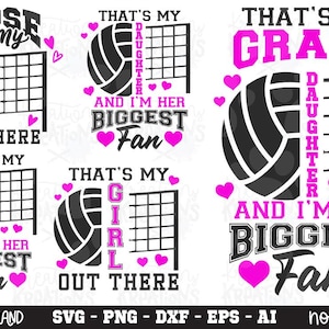 Puede incluir: Una colección de cinco diseños gráficos con temática de voleibol que incluyen balones en blanco y negro, redes negras y corazones de color rosa brillante. El texto incluye frases como Those are my girls out there, That's my daughter and I'm her biggest fan.
