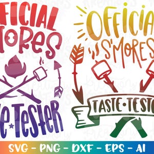 May include: Two colourful designs for an "Official S'mores Taste Tester" graphic. The first design features a purple, red and white colour scheme with crossed sticks and marshmallows. The second design features a yellow, orange and red colour scheme with crossed sticks and marshmallows and a banner with the text "Taste Tester".