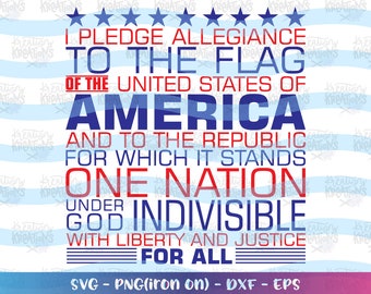 May include: Red, white, and blue text on a blue and white striped background. The text reads "I pledge allegiance to the flag of the United States of America and to the republic for which it stands one nation under God indivisible with liberty and justice for all".